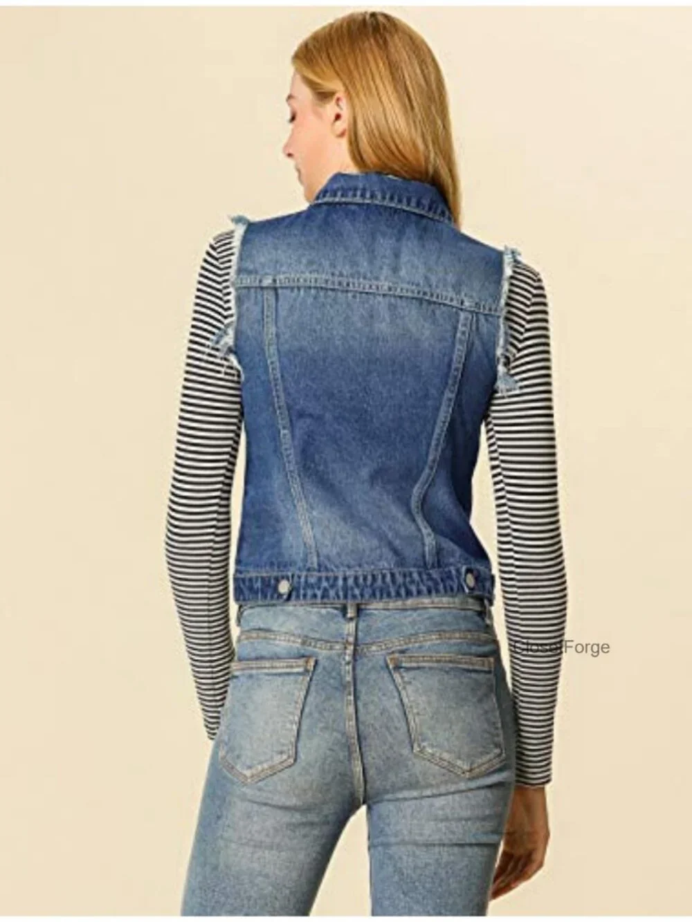 Sleeveless Distressed Denim Vest with Button Closure and Chest Pockets